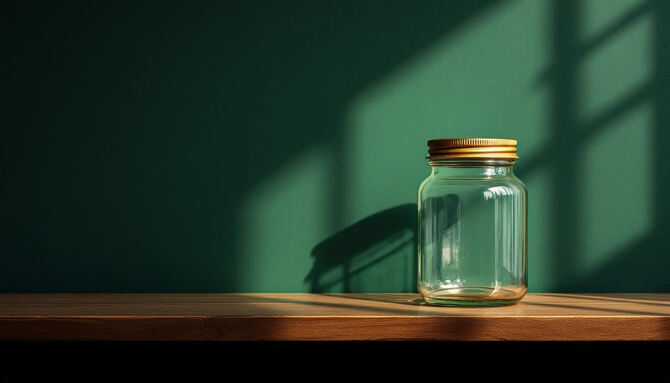 An empty antique glass specimen jar with a brass lid on a dark walnut shelf, forest green wall behind, diffused daylight.