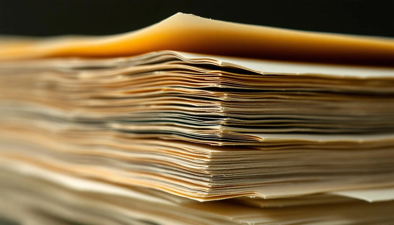 Macro photograph of a dense stack of cream paper viewed from the side, showing layered strata of document edges in warm side lighting.