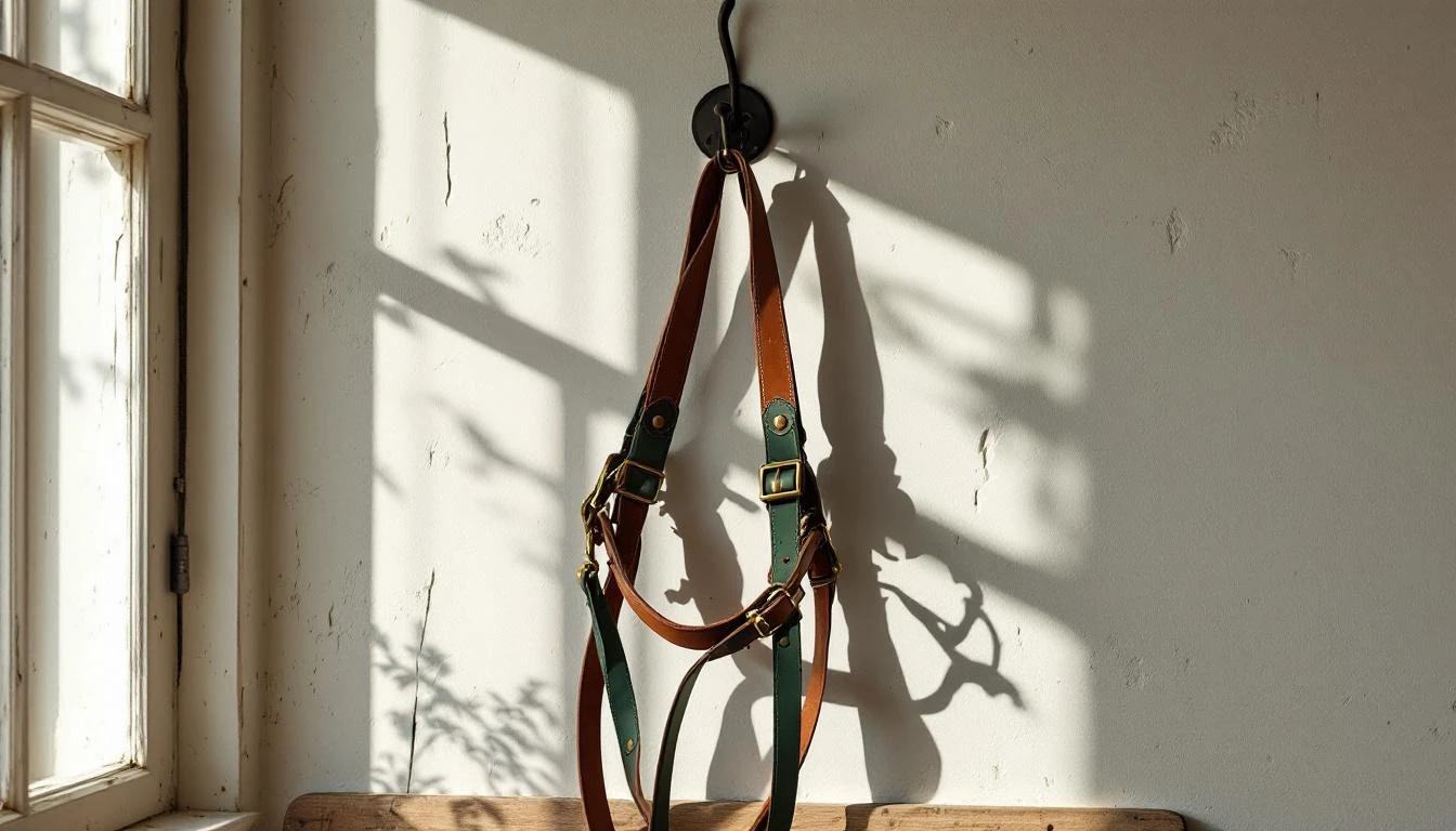 A hand-tooled leather horse harness hanging from an iron hook on a whitewashed workshop wall, raking morning light from a window.