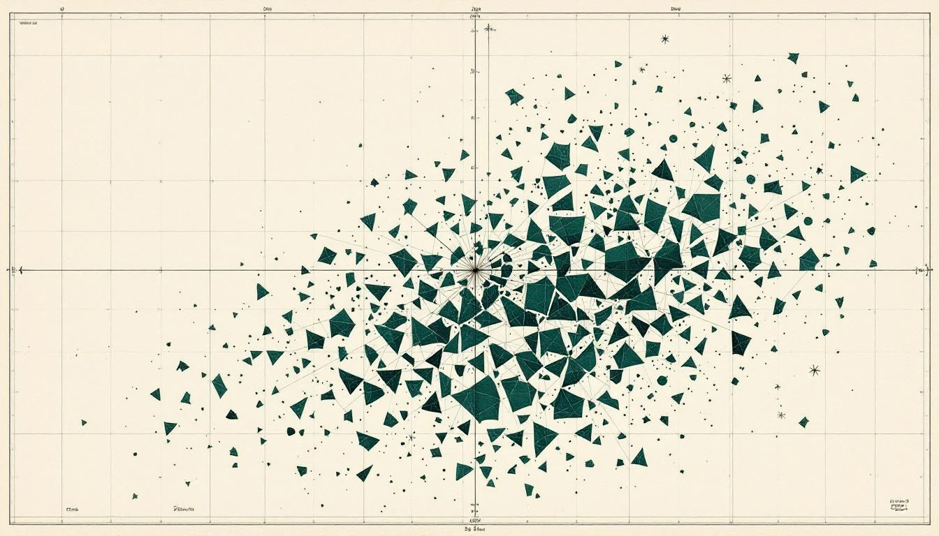 Hand-drawn engineering diagram of scattered geometric fragments gathered into a loose cluster on grid paper, forest green ink.