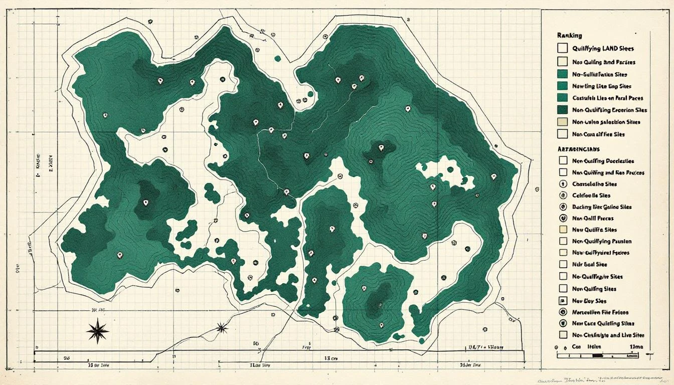 Hand-drawn cadastral map diagram of rural land parcels with irregular boundaries, contour lines, and ranked site markers, forest green ink on cream paper.