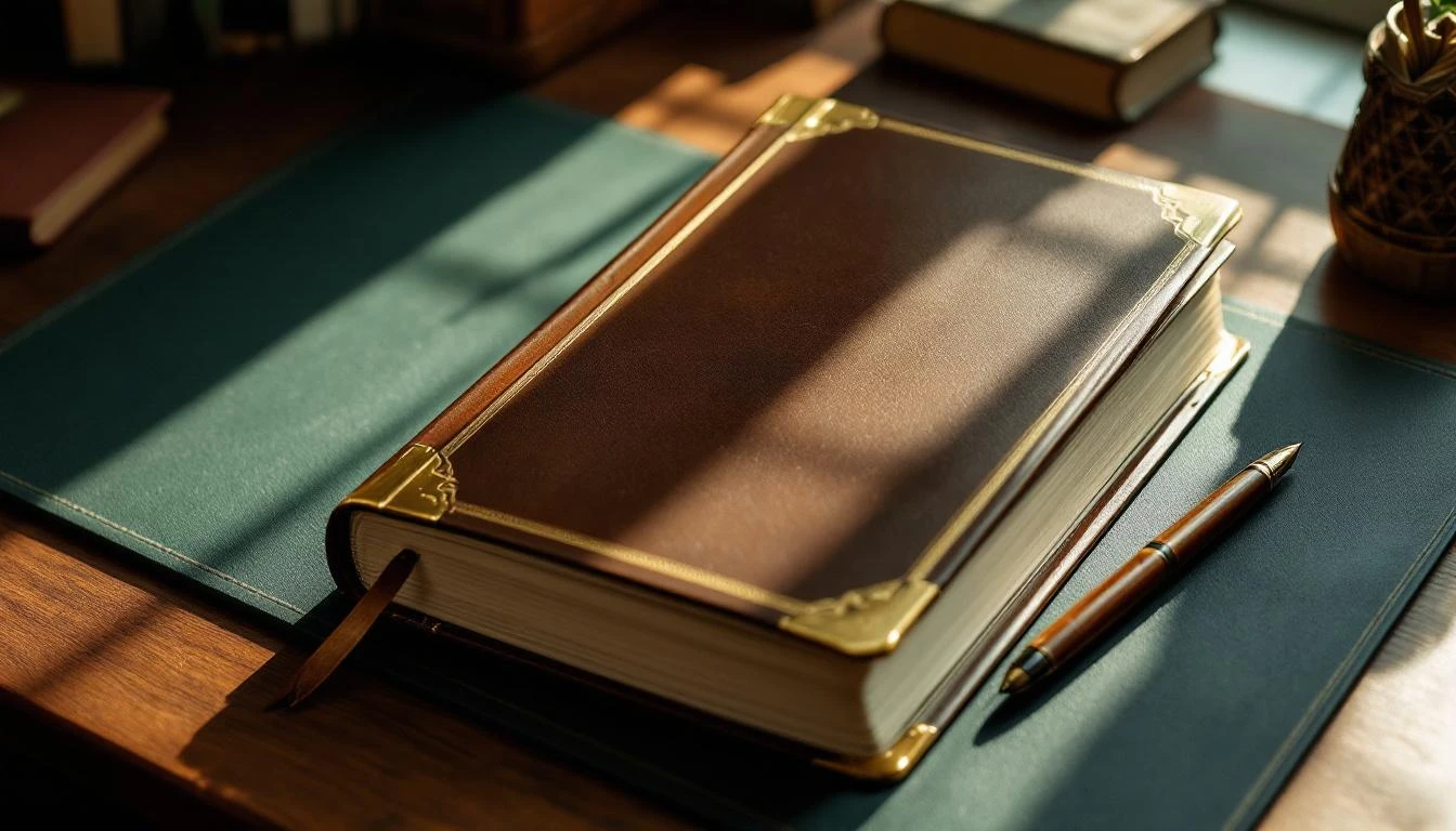 A weathered leather-bound ledger book on a walnut desk with a fountain pen resting beside it, warm morning light.