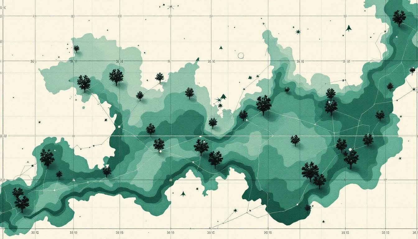 Hand-drawn topographic map fragment in patina green with clustered point markers and a faint coordinate grid, cream paper.